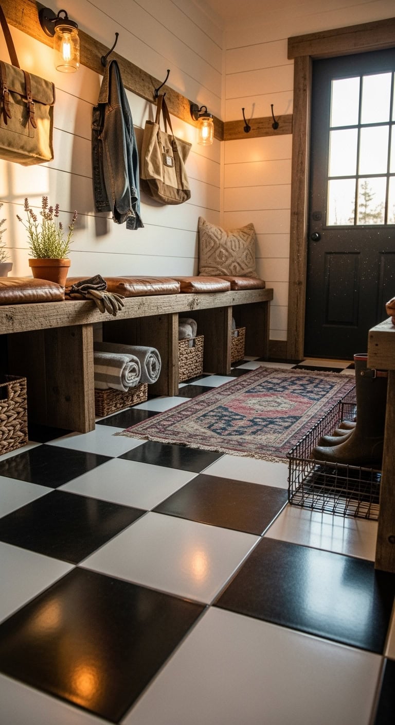 vintage kitchen inspired mudroom floor design