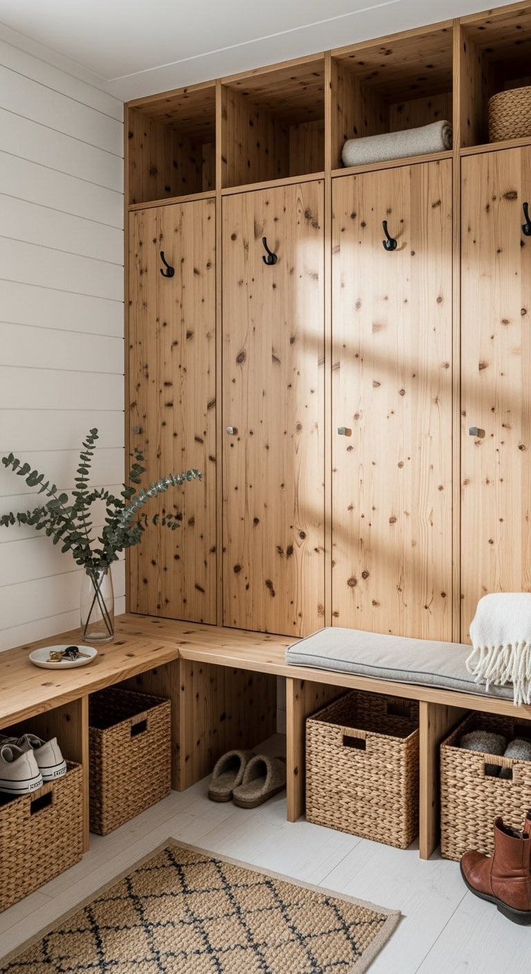 scandinavian minimalist pine lockers organized simplicity