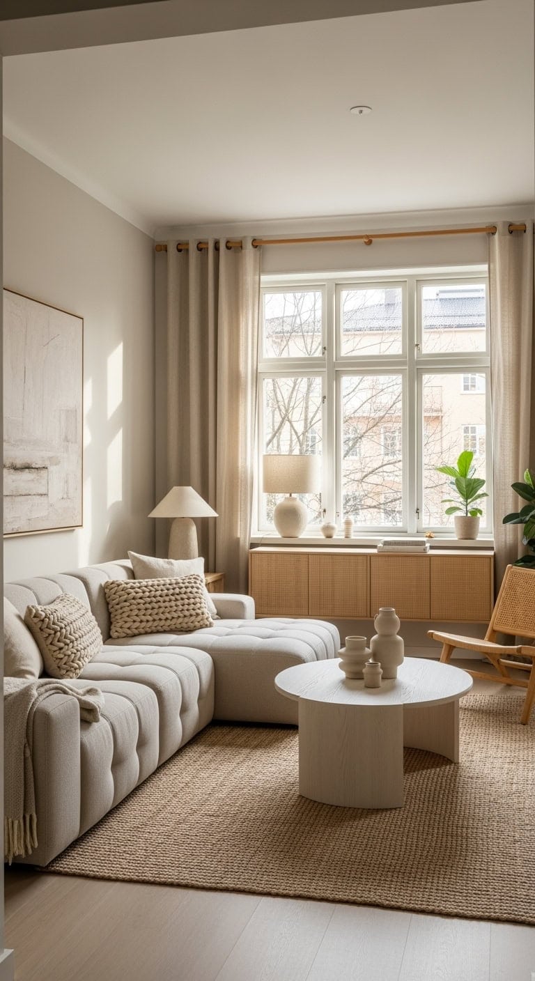 hygge inspired minimalist beige livingroom
