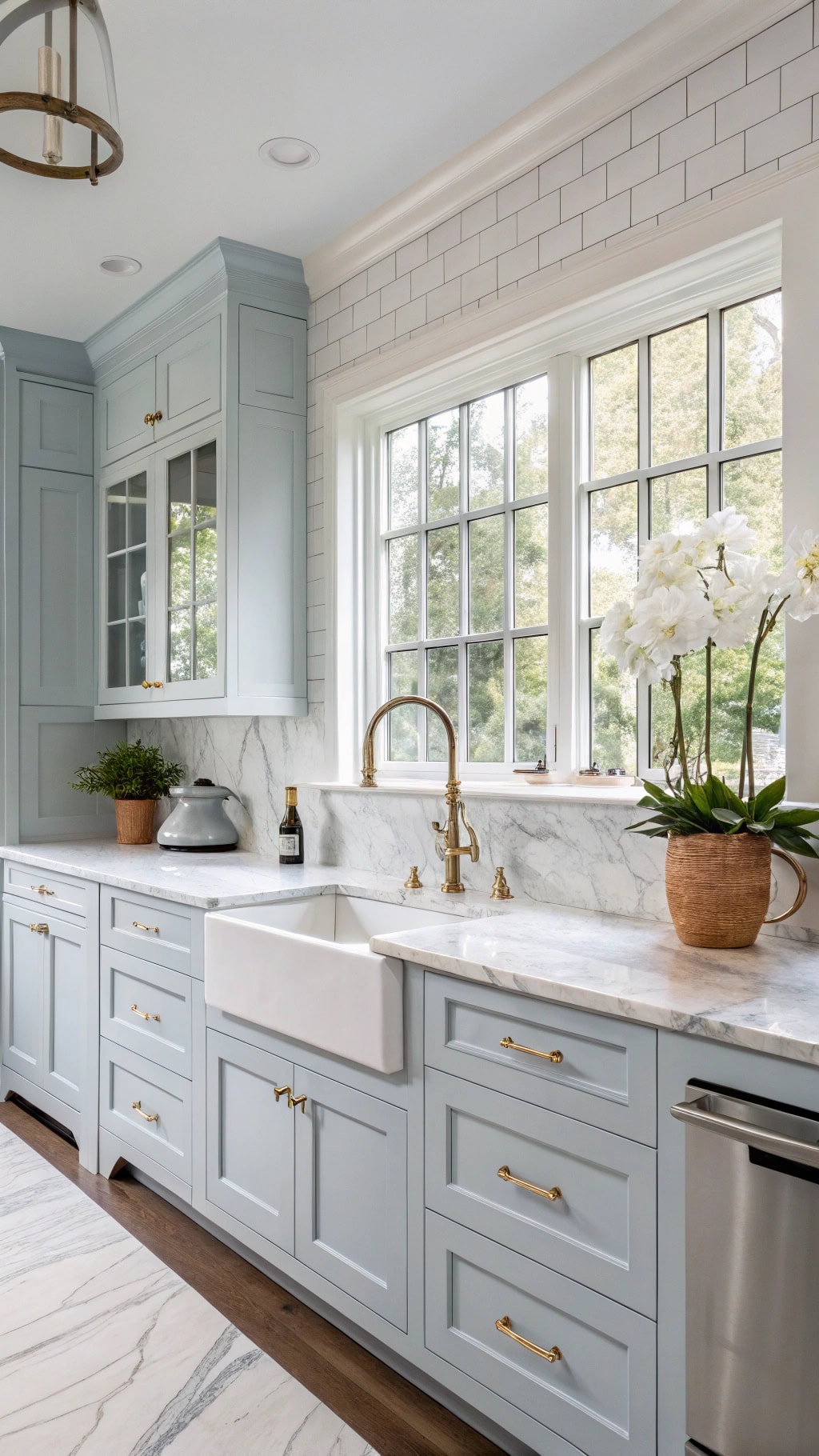marble island with blue cabinets