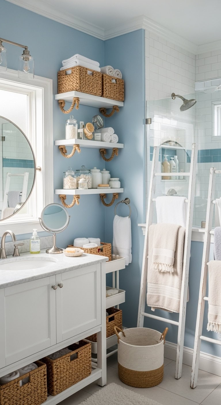 beautifully organized powder blue bathroom solutions