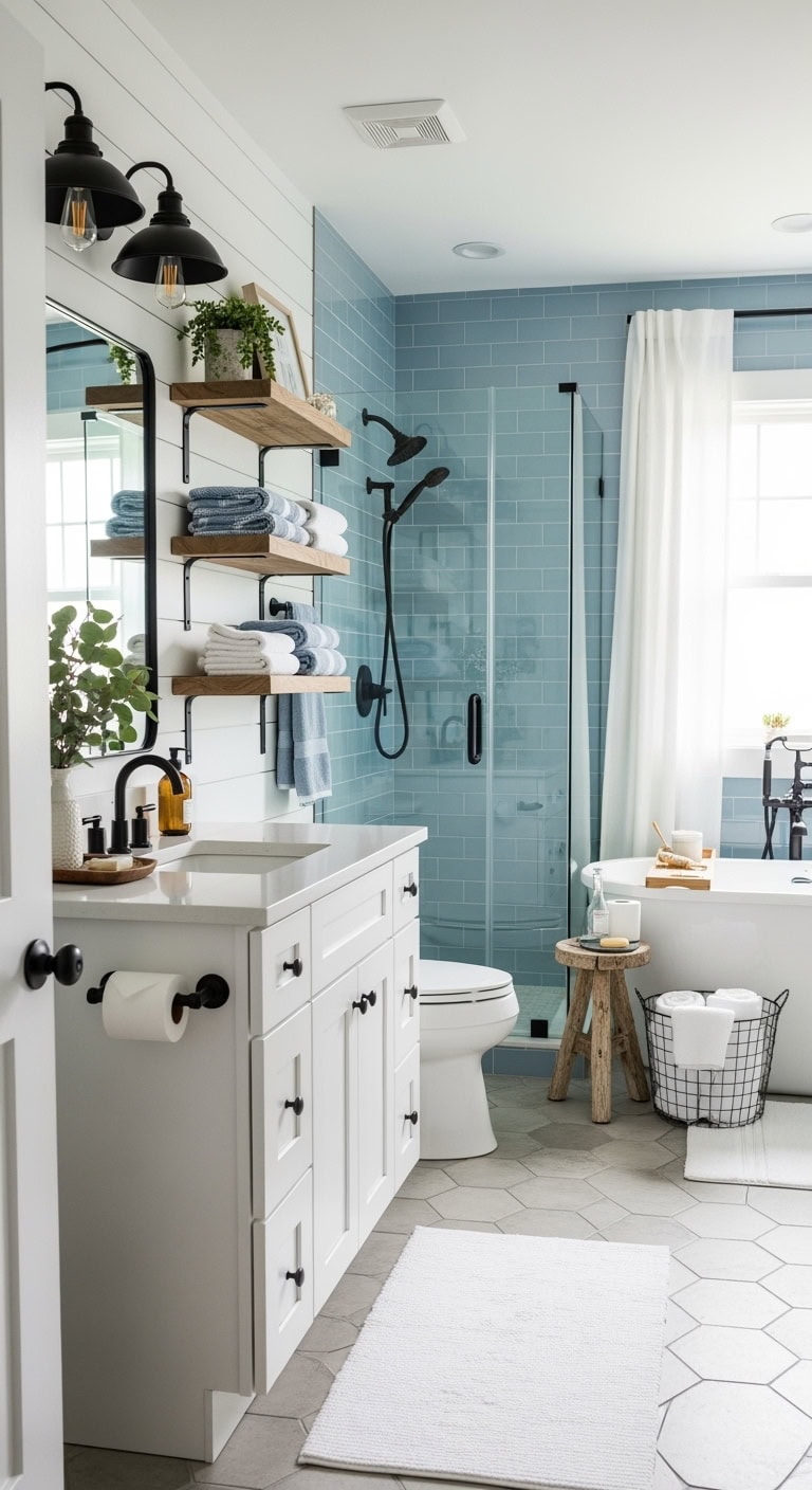 matte black fixtures soft blue tiles