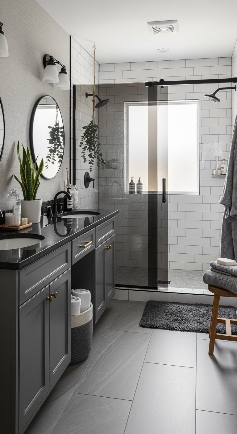 sophisticated moody chic contrasting shower enclosures