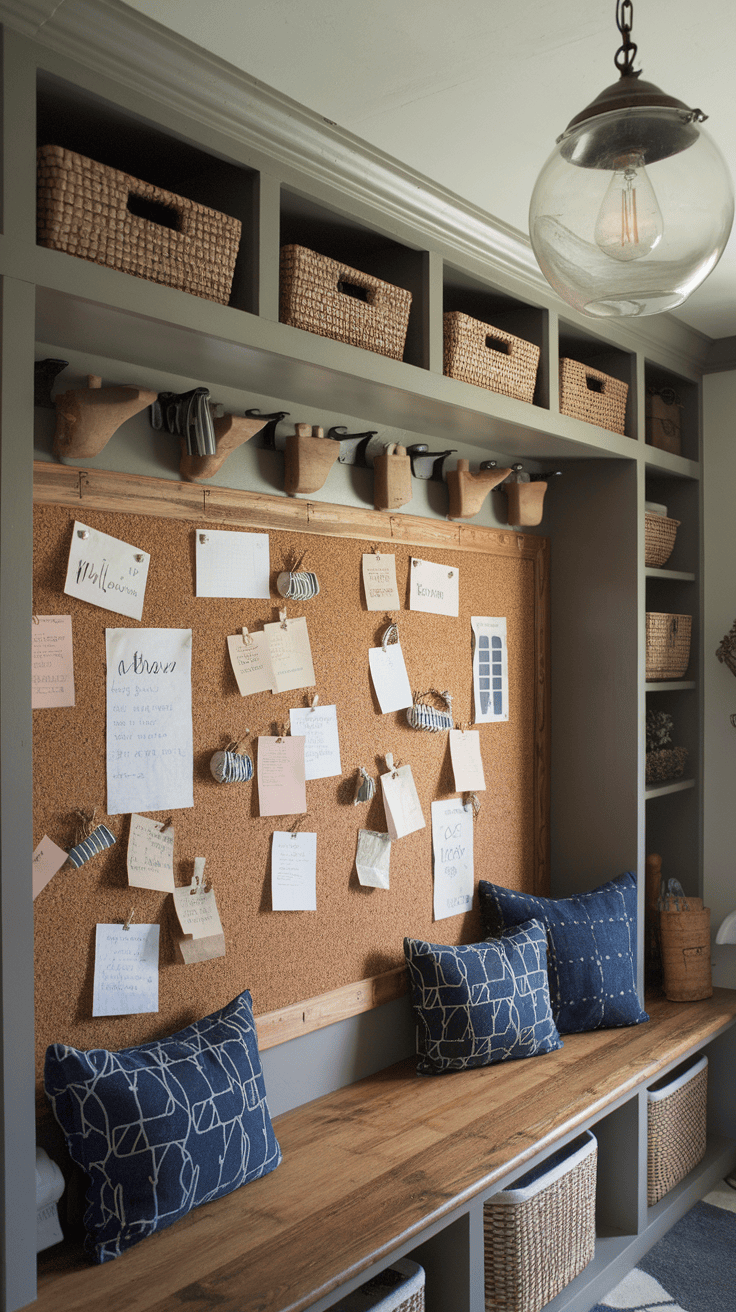A rustic mudroom featuring a bulletin board with cork and wooden accents, surrounded by storage baskets and cozy pillows.