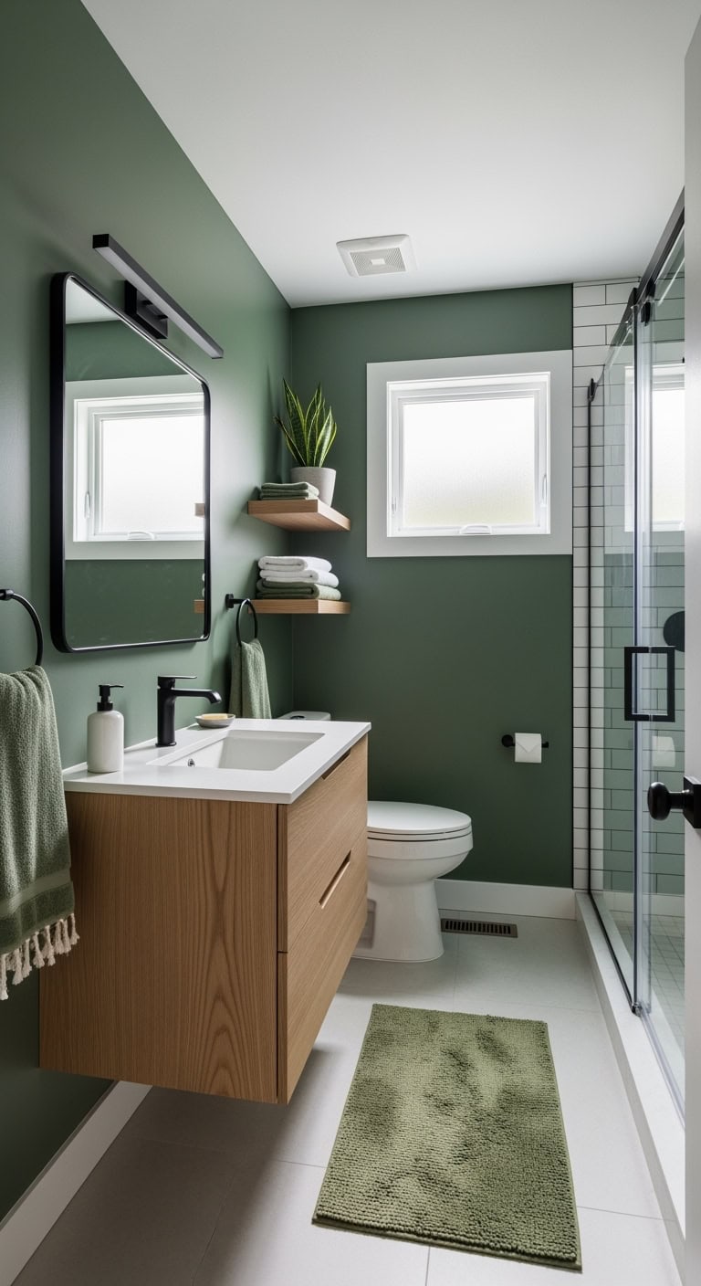 sleek deep green bathroom vignette