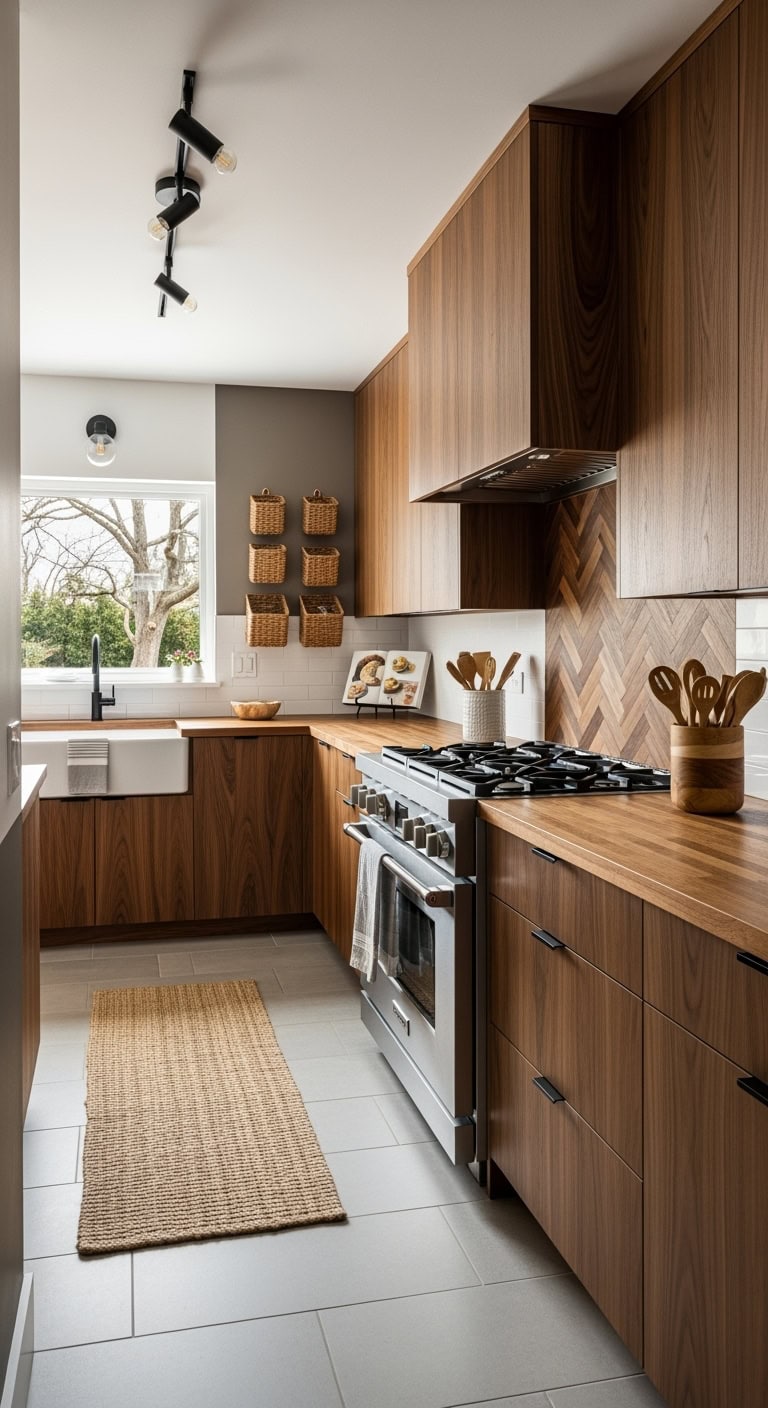 walnut herringbone backsplash feature