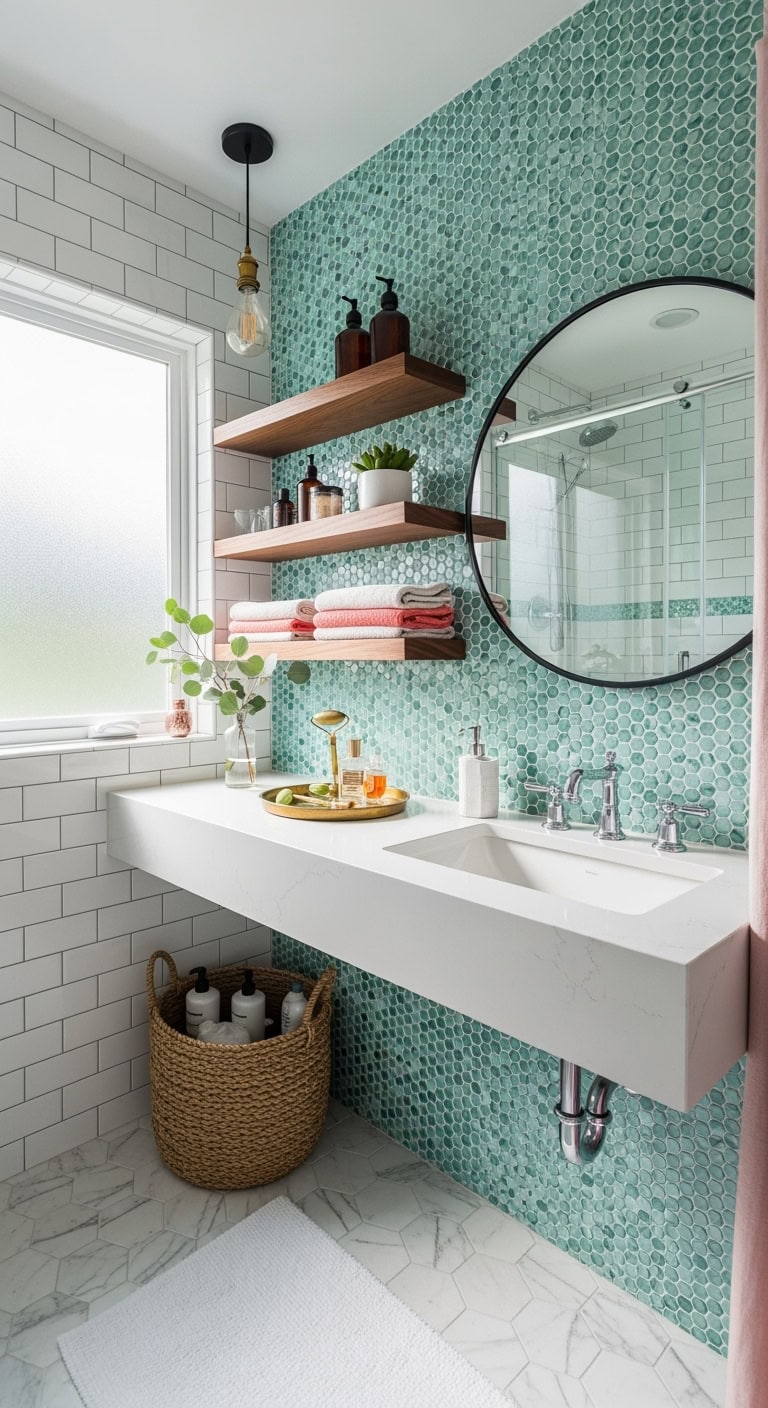 sophisticated yet playful bathroom backsplash