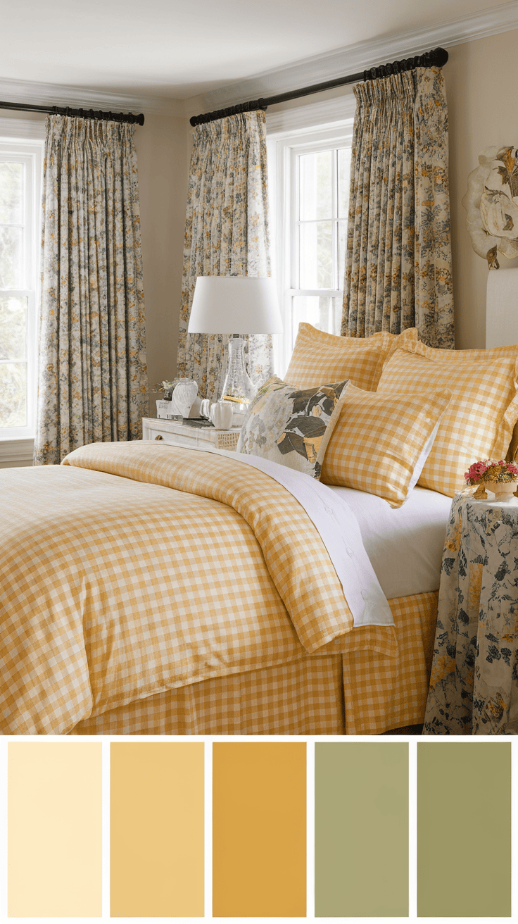 A cozy bedroom featuring yellow gingham bedding and floral curtains.