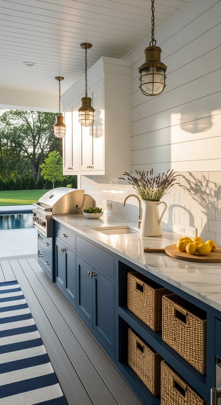 navy and white coastal outdoor cabinetry
