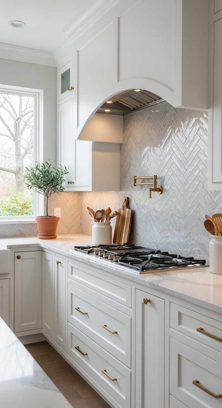 elegant sophisticated eye catching herringbone backsplash design