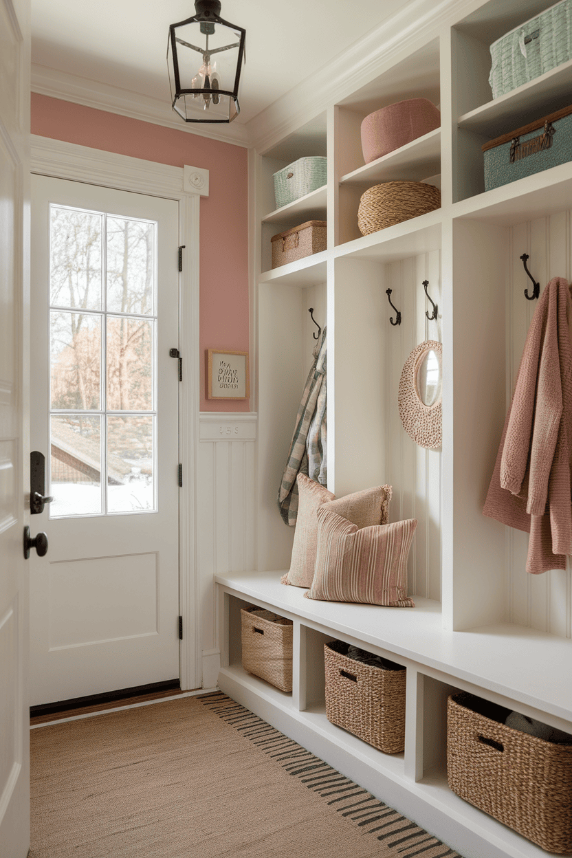 A cozy mudroom with pastel pink walls, stylish hooks, and woven baskets for storage.
