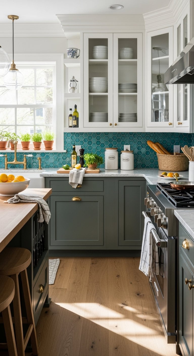 turquoise hexagons geometric backsplash transformation