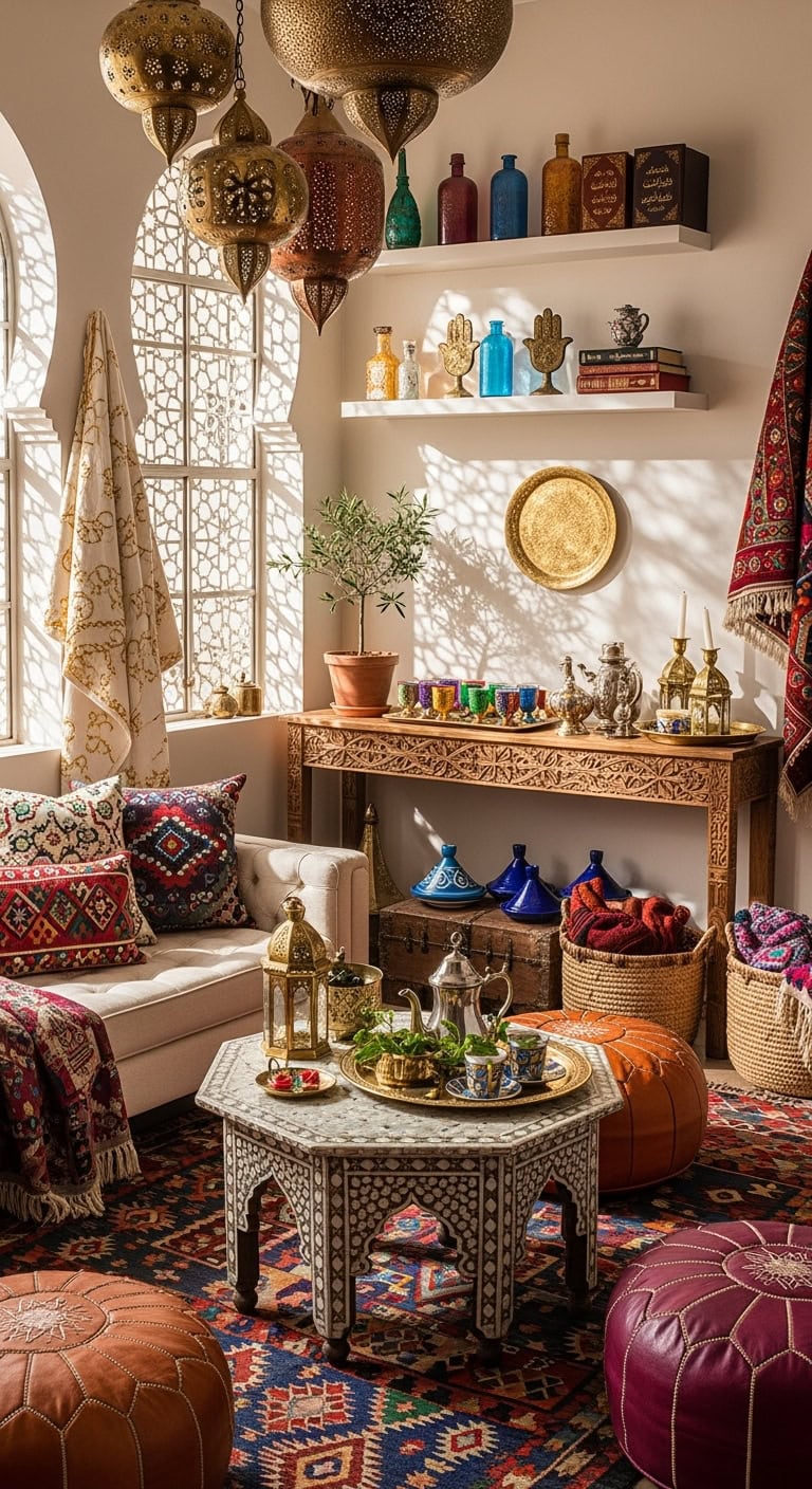 vibrant layered textured moroccan living space