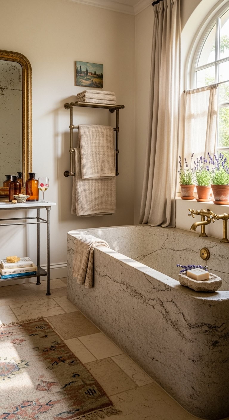 romantic tuscan inspired stone soaking tub