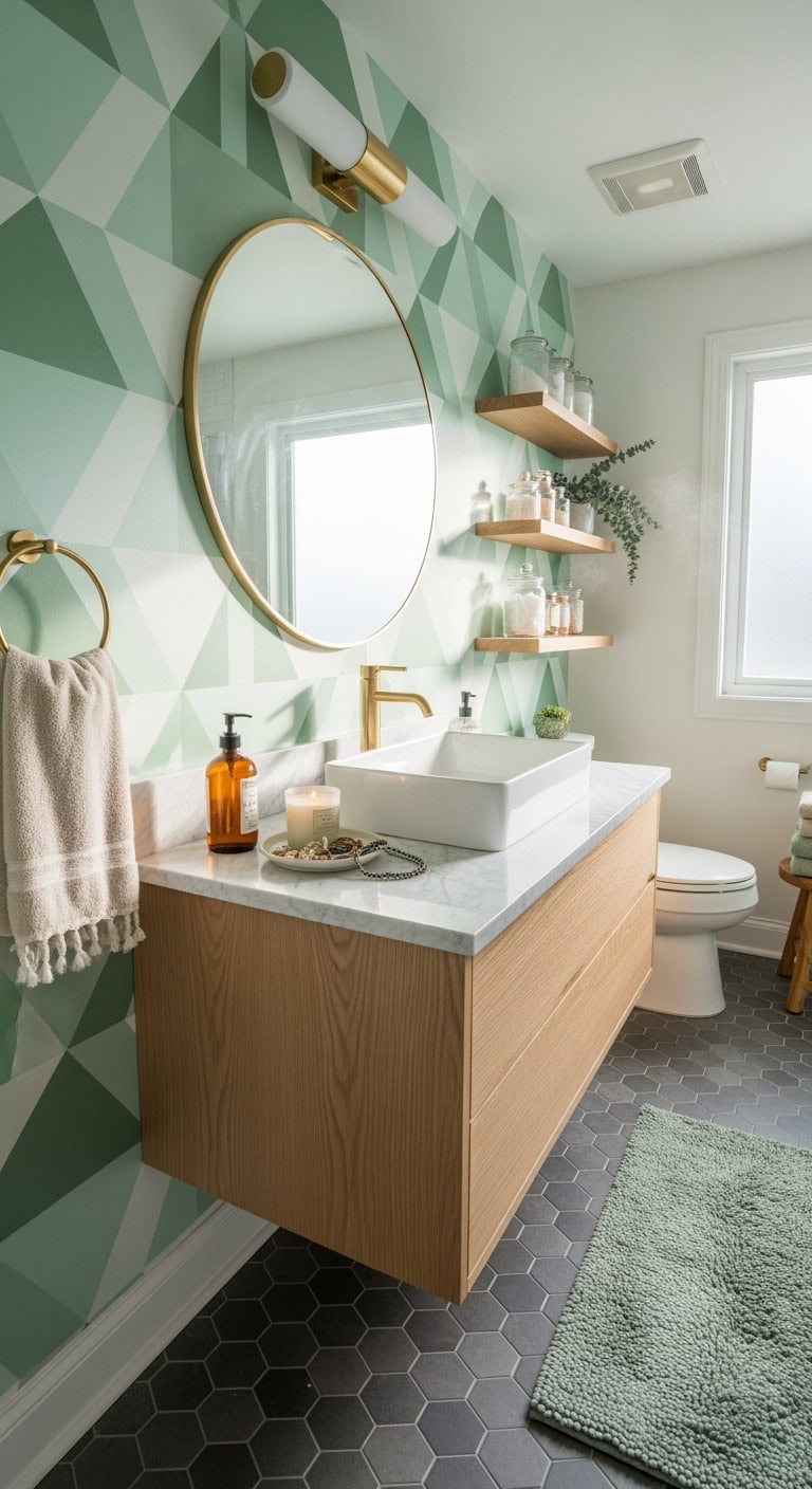 retro chic geometric green bathroom wallpaper