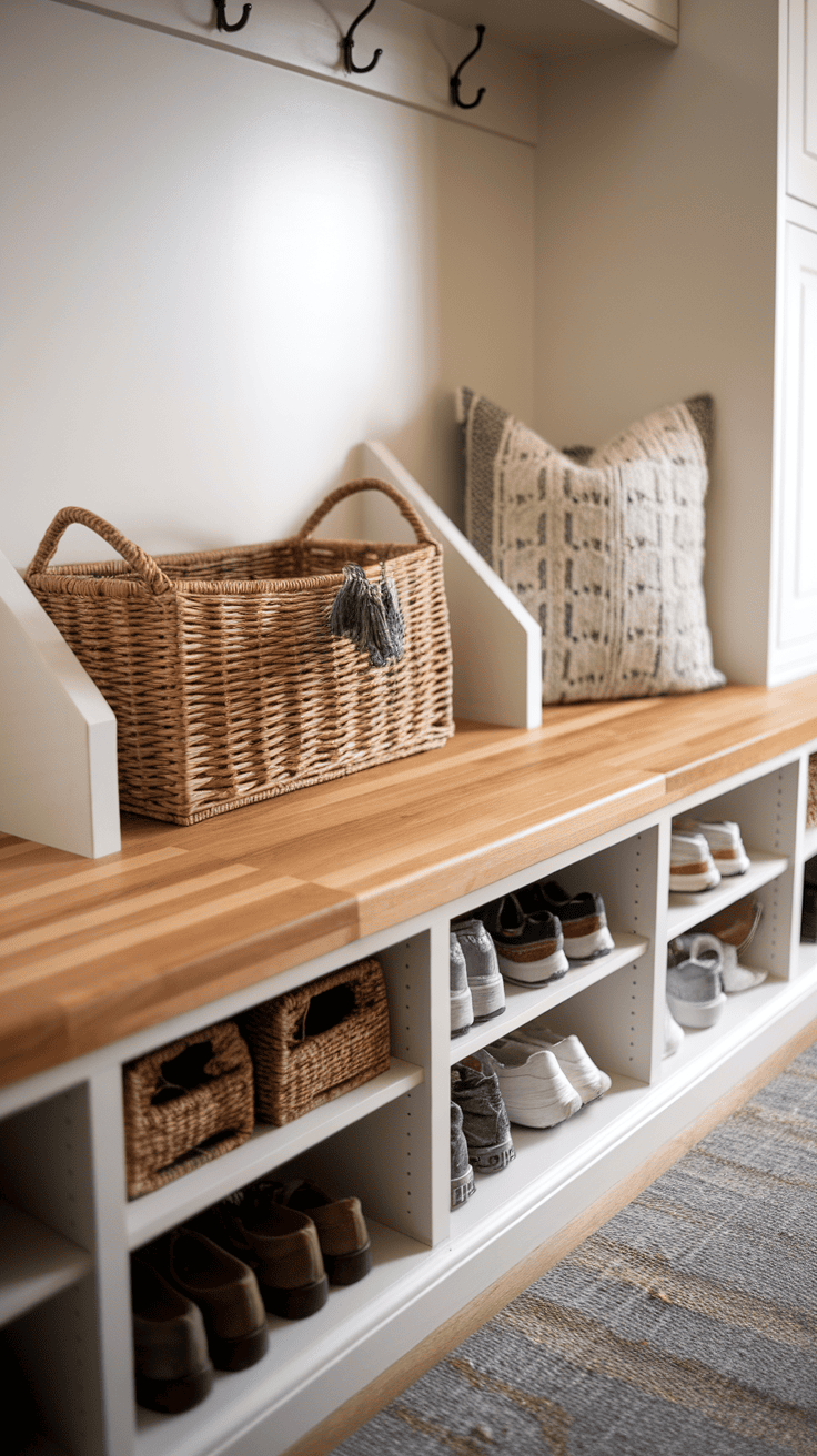 A beautiful mudroom bench with storage baskets and shoes neatly organized underneath.