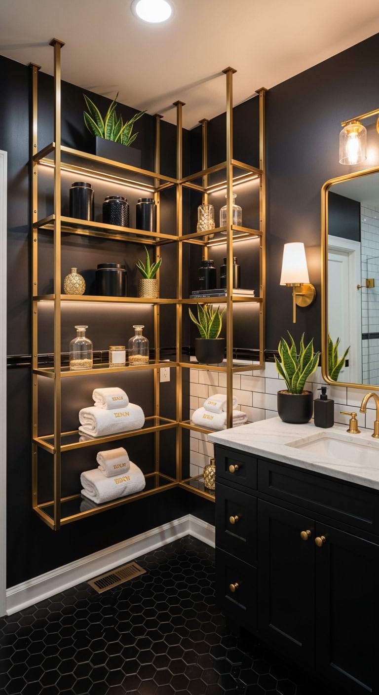 luxurious functional dramatic balanced bathroom storage