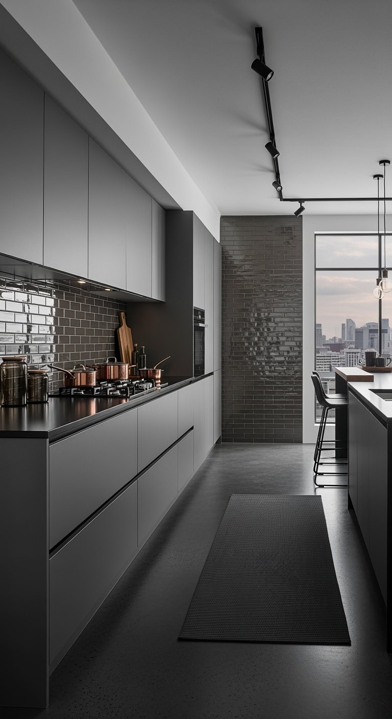 moody graphite kitchen with smoked glass