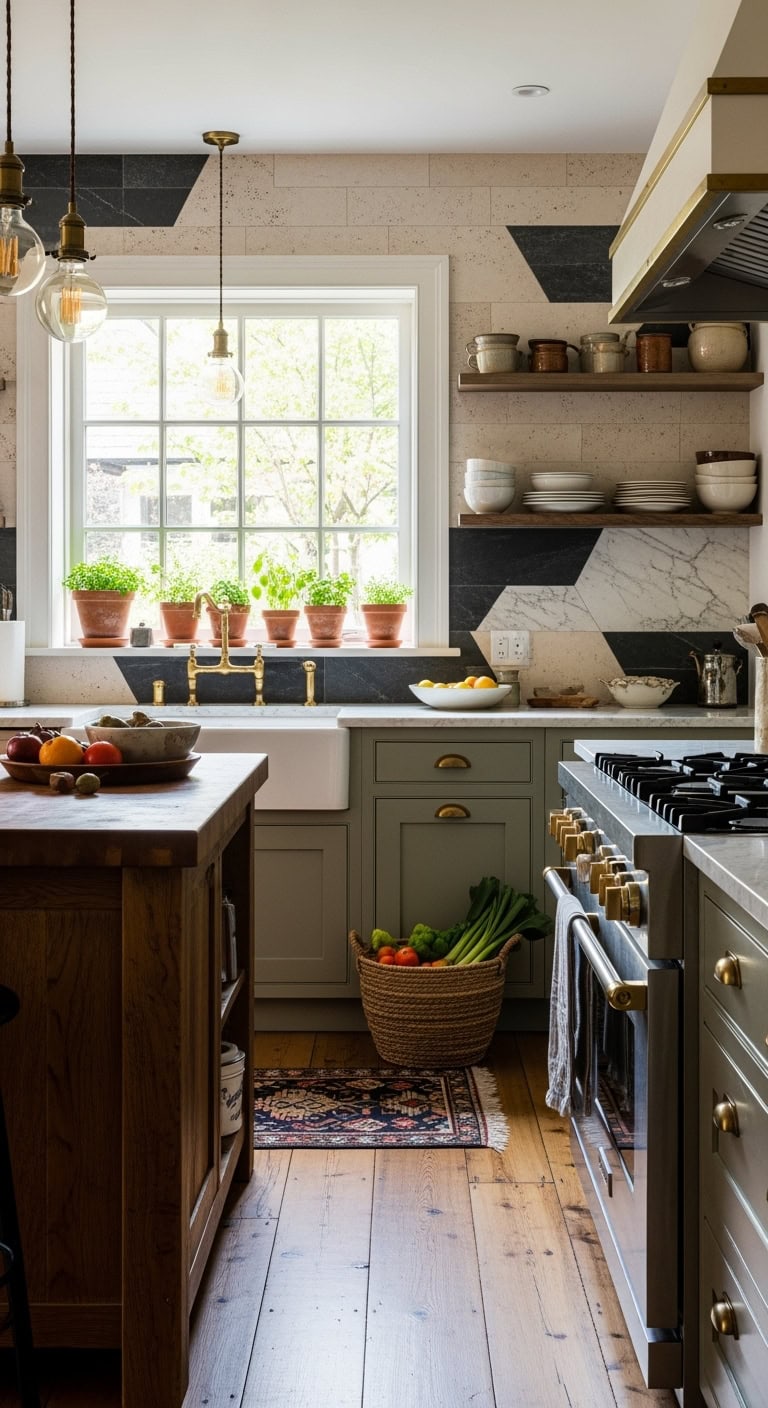 boldly mismatched stone backsplash statement