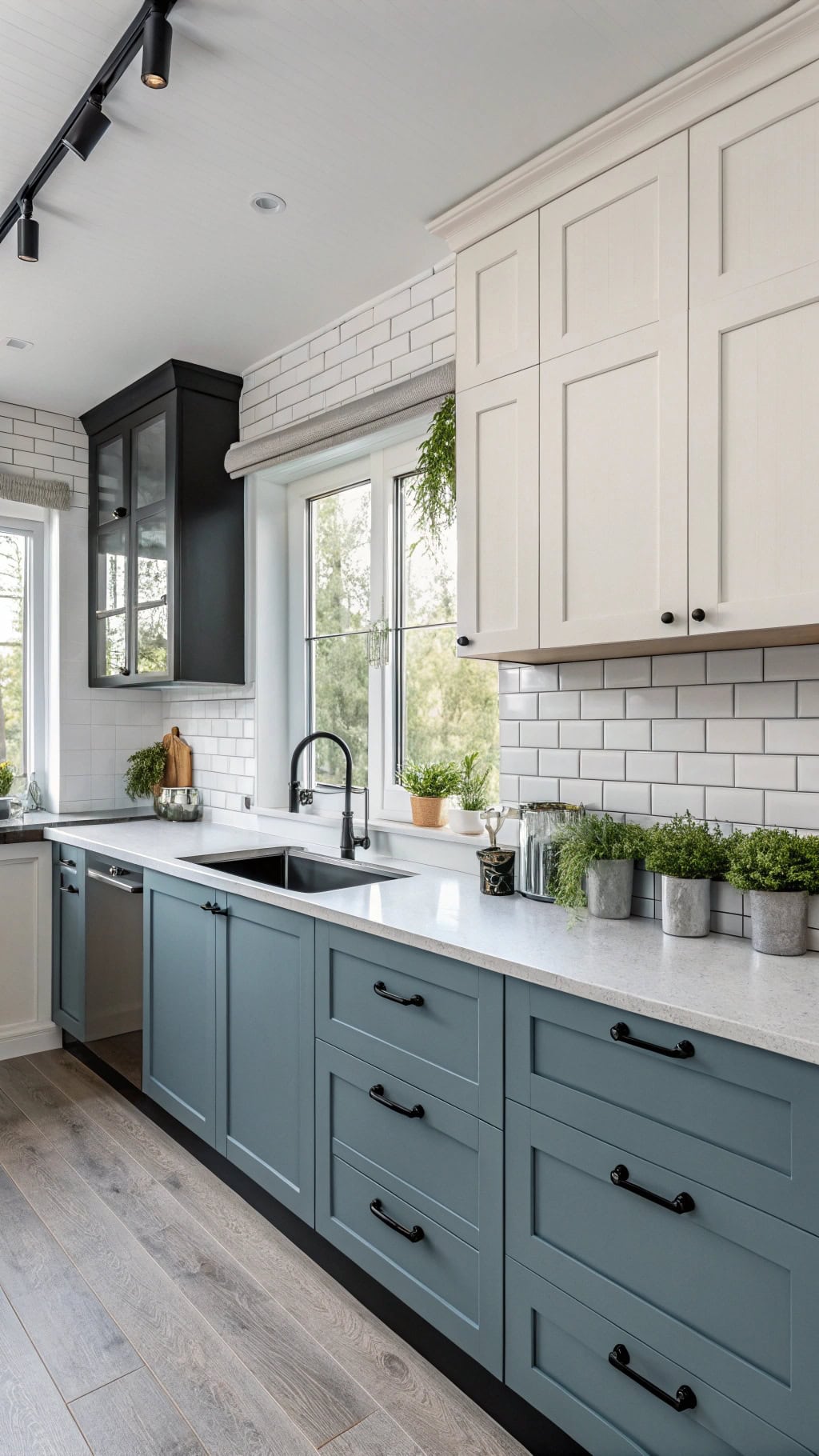 monochromatic blue gray cabinetry design