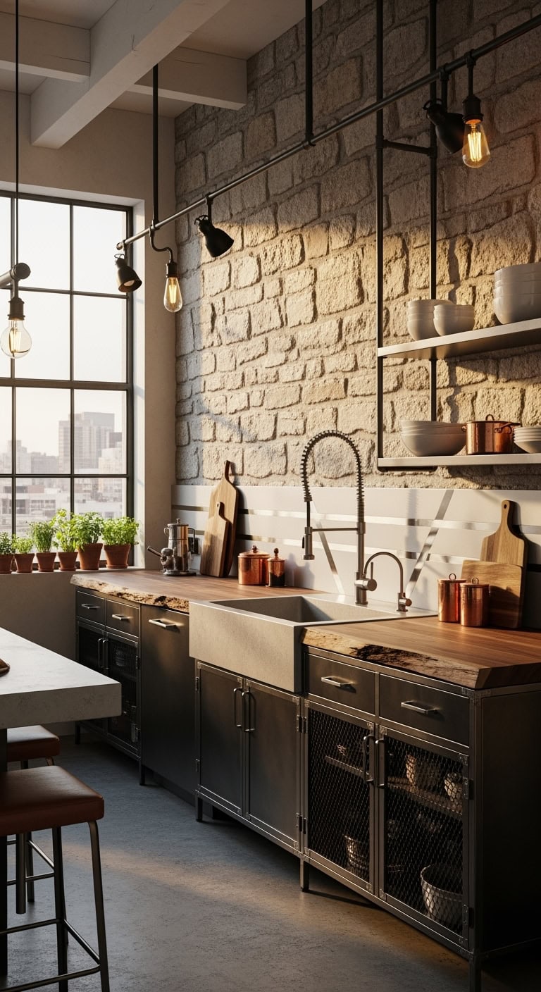 industrial chic stone walled kitchen