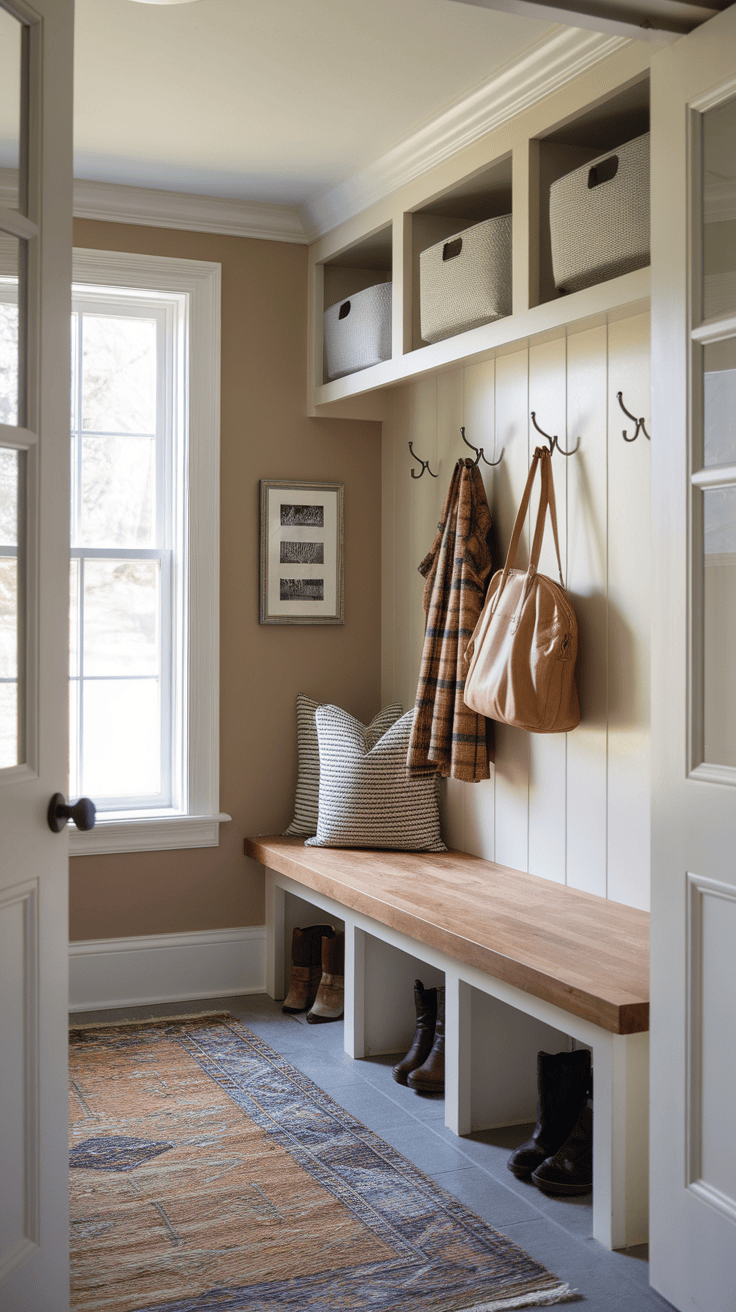 A cozy entryway with a butcher block bench, hooks for coats, and decorative pillows.