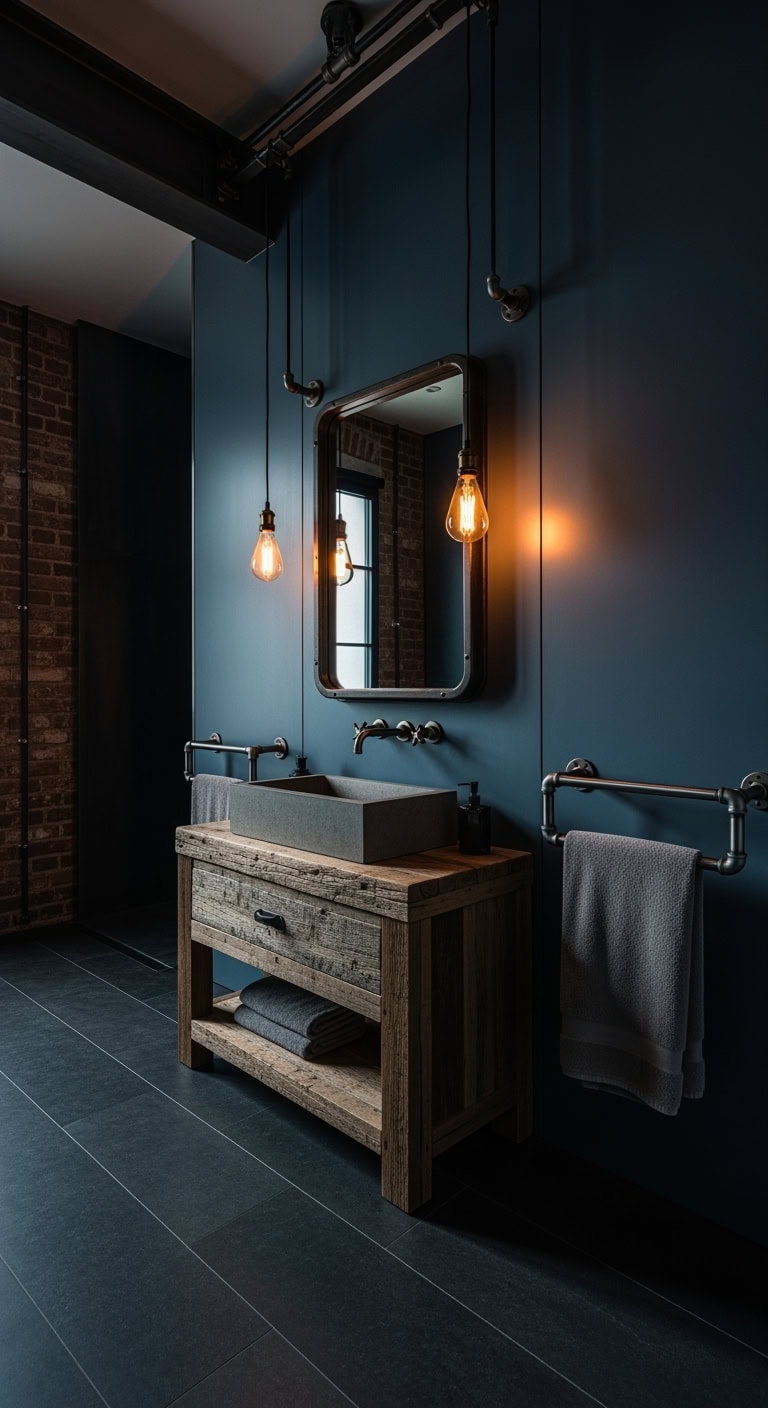 industrial glam steel blue bathroom