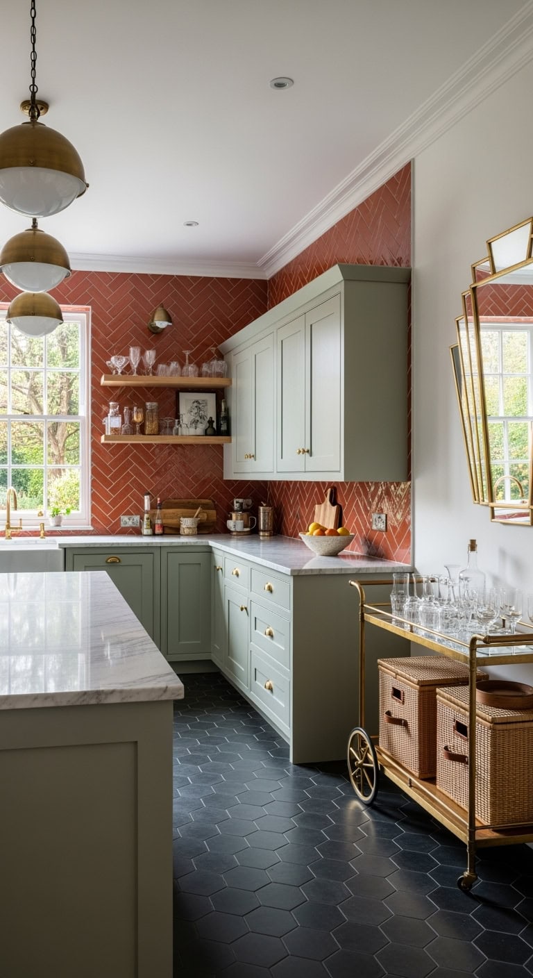 glossy terracotta herringbone kitchen