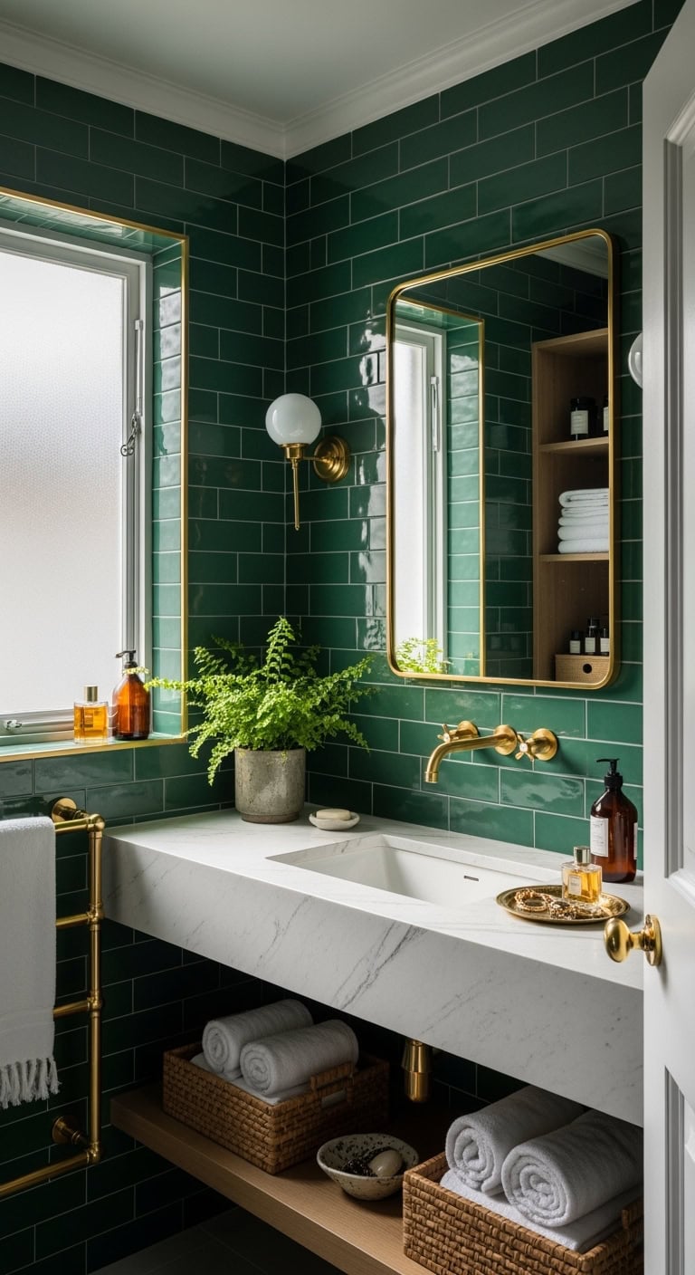 luxurious emerald and brass bathroom