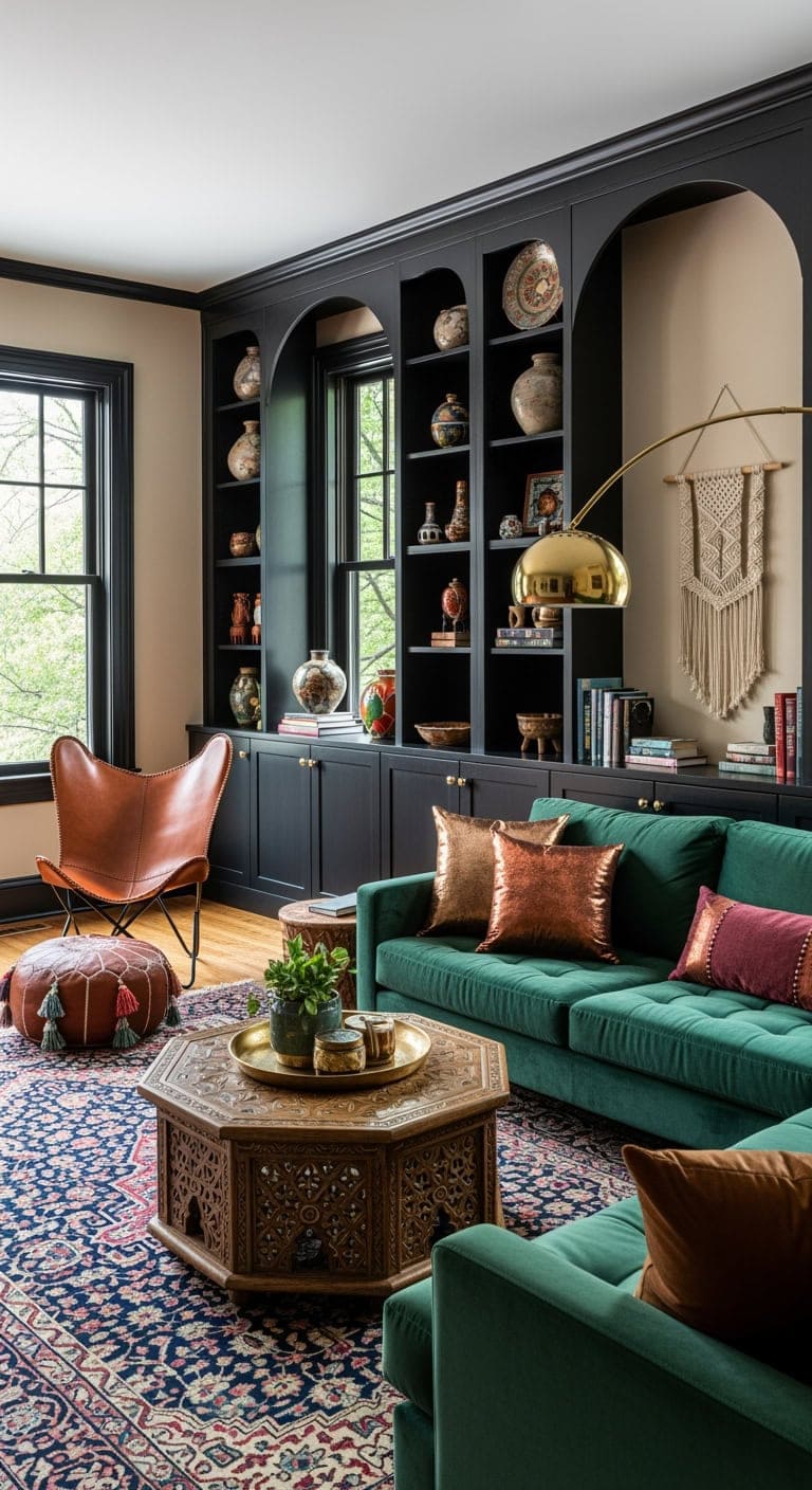 bohemian black arched built ins