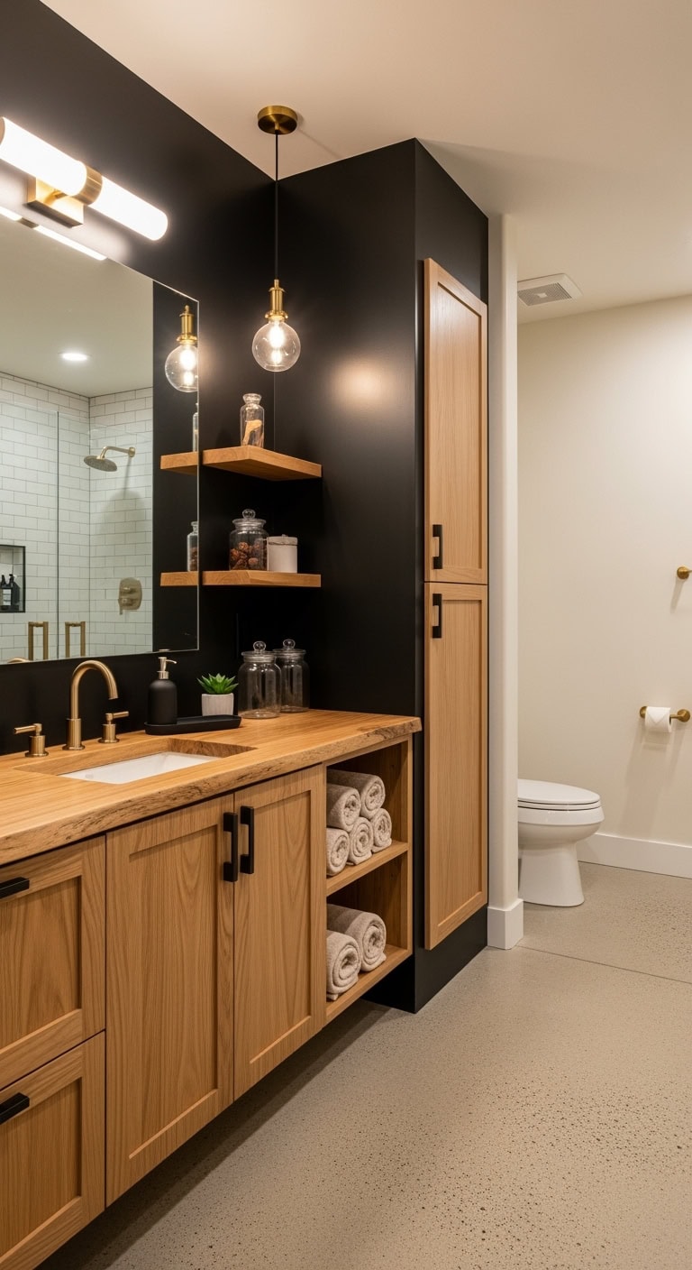 warm floating open live edge wood vanities