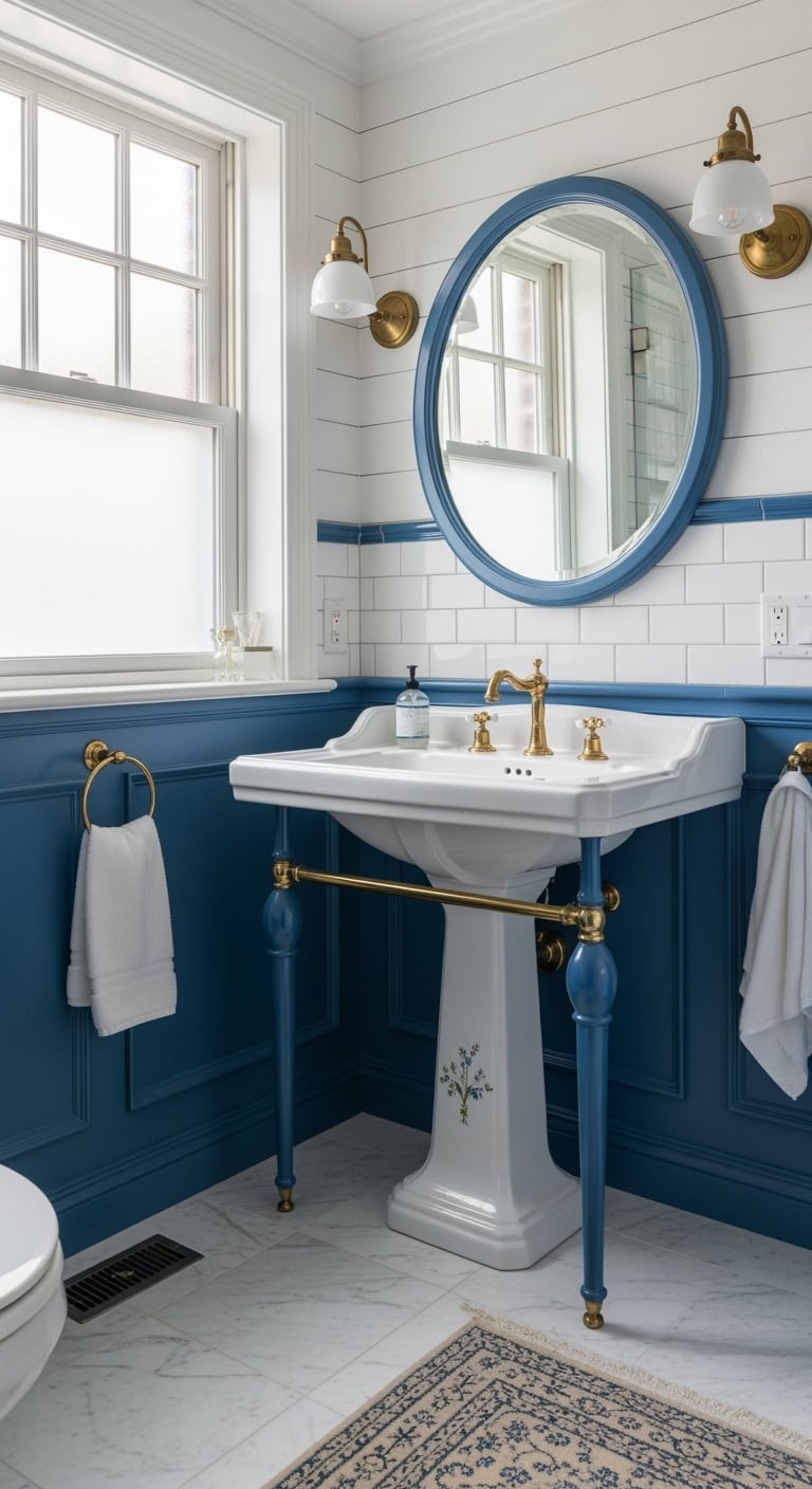 parisian charm with blue pedestal sink