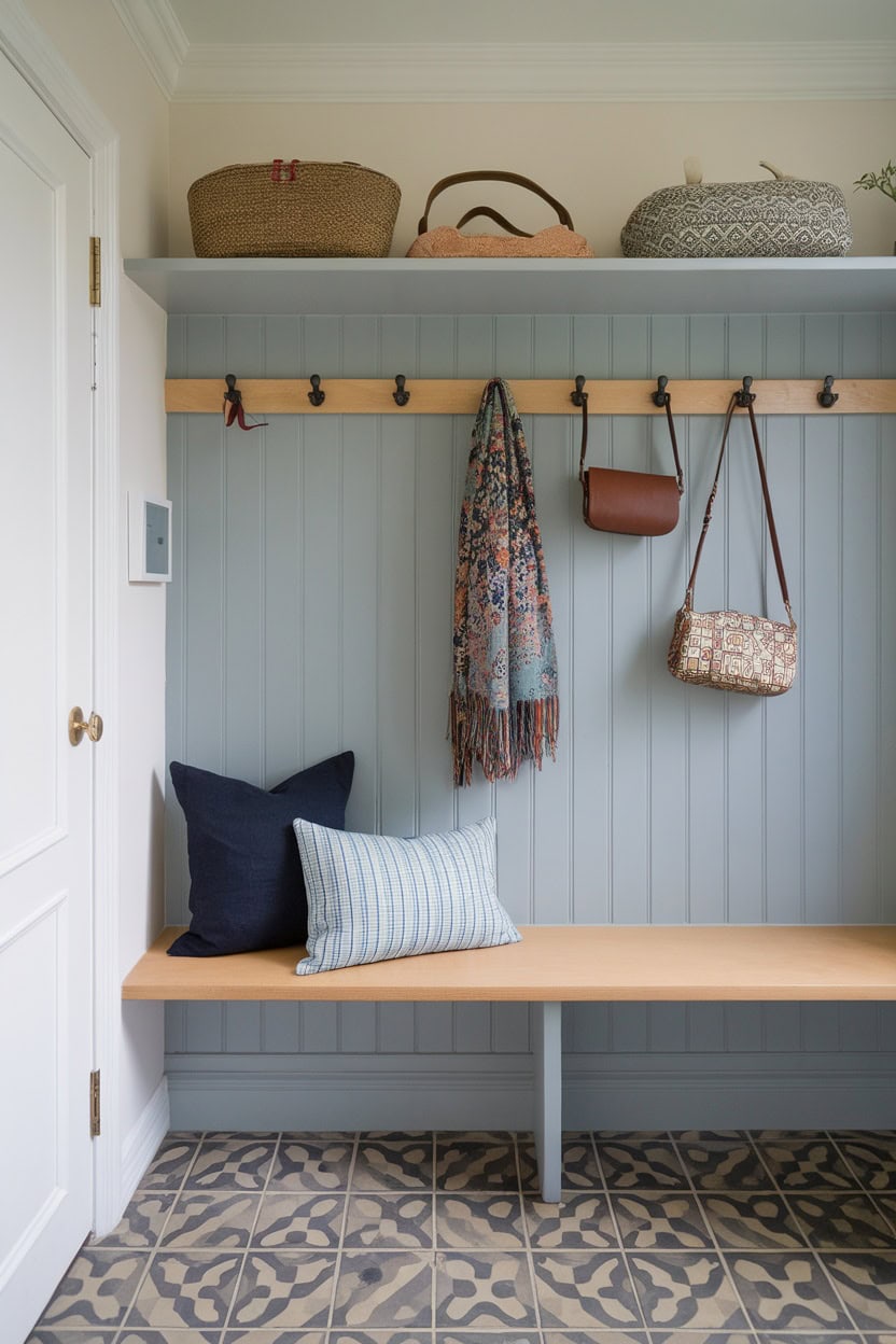 Scandinavian mudroom with blue walls, patterned floor tiles, and a wooden bench.
