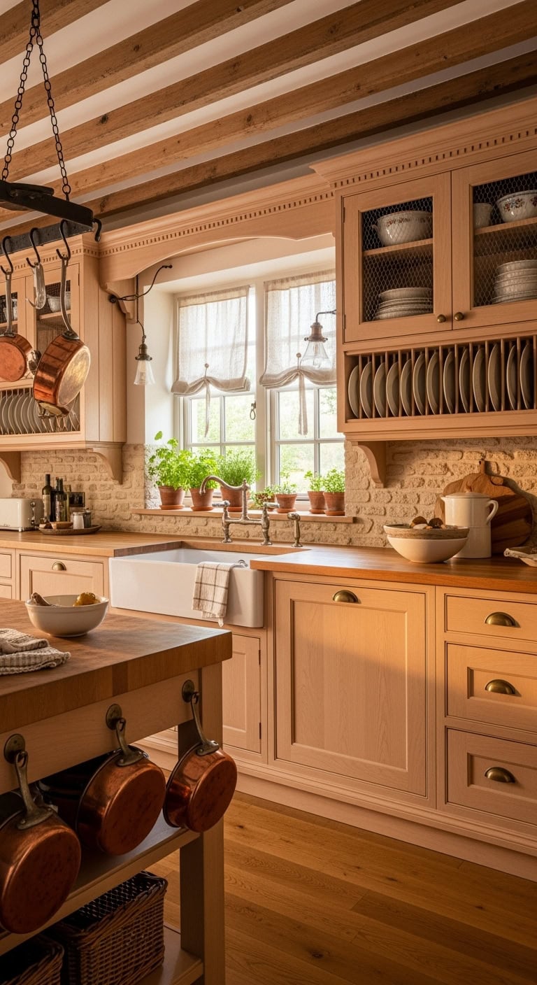 peach cabinets with rustic charm