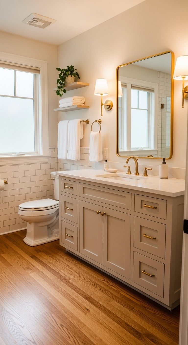 brass accents elevate beige bathroom elegance