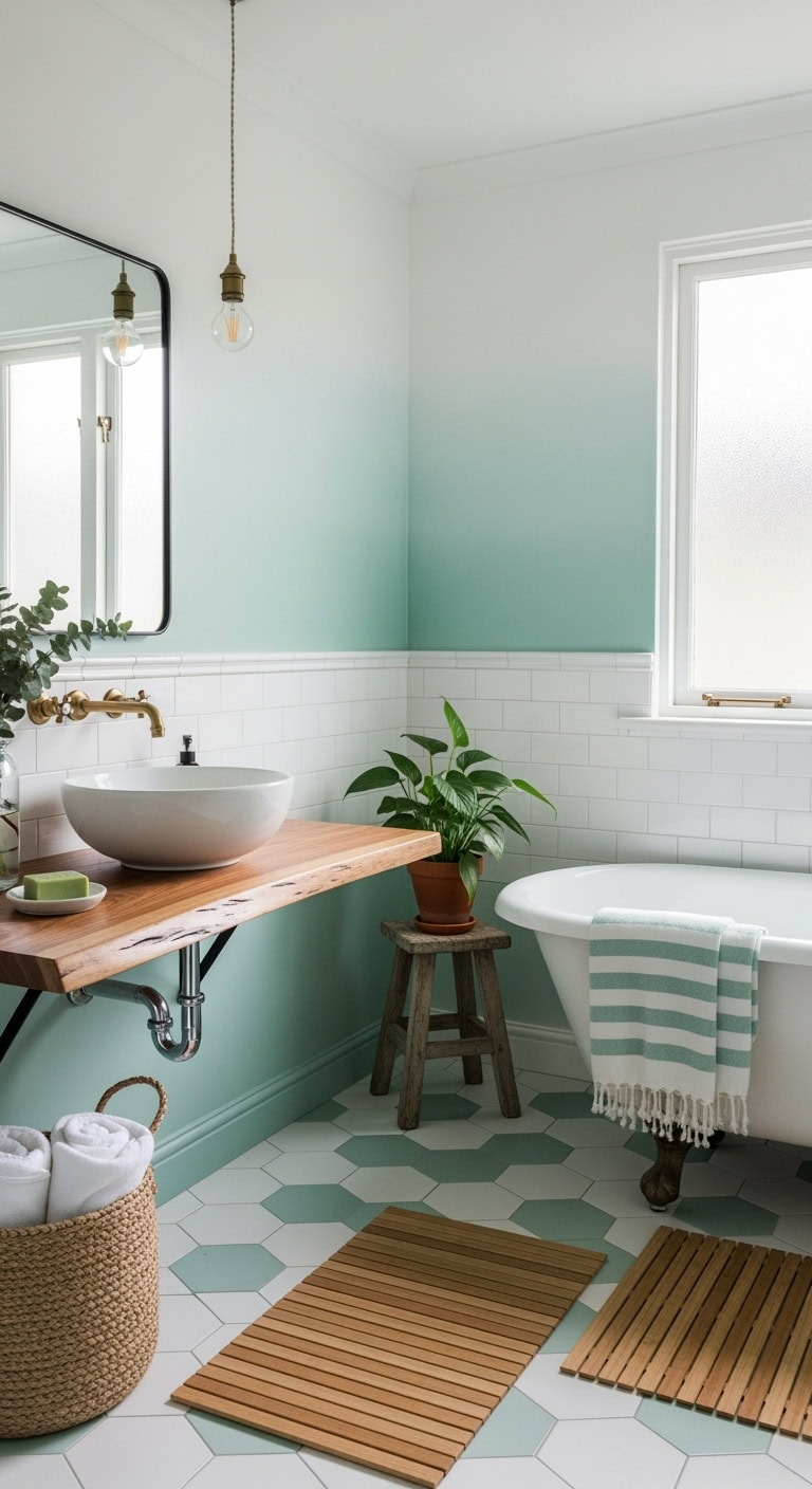 dreamy gradient mint to white bathroom walls