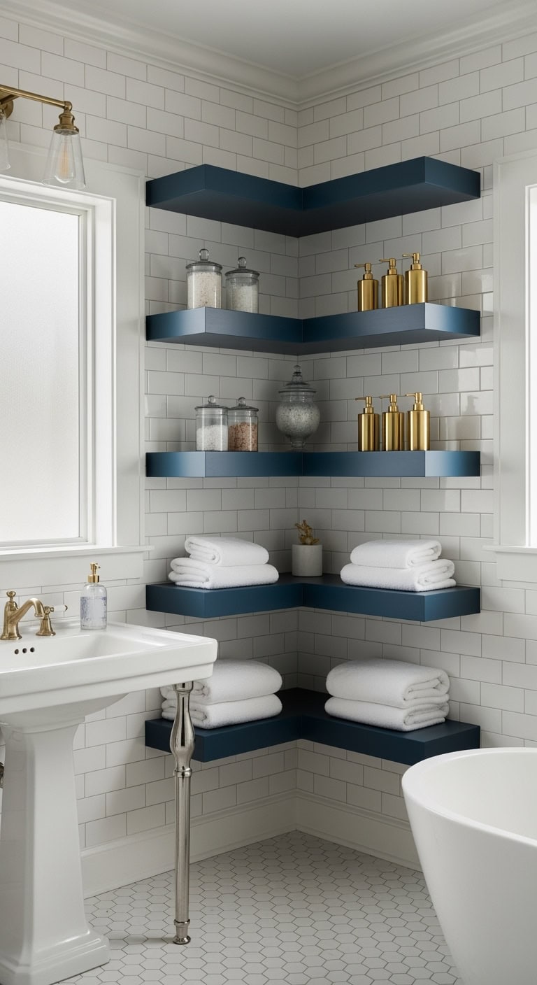 midnight blue shelves elevate bathroom style