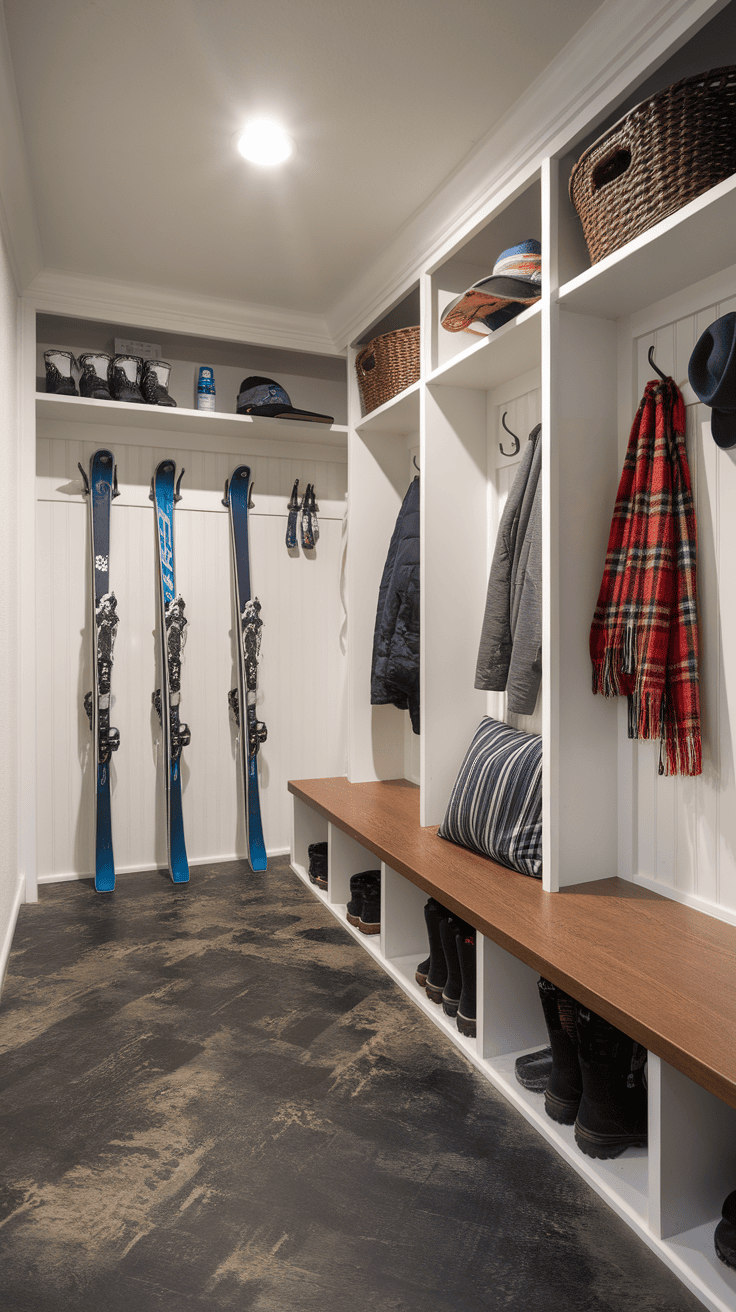 A well-organized mudroom with ski equipment, shoes, and shelves.