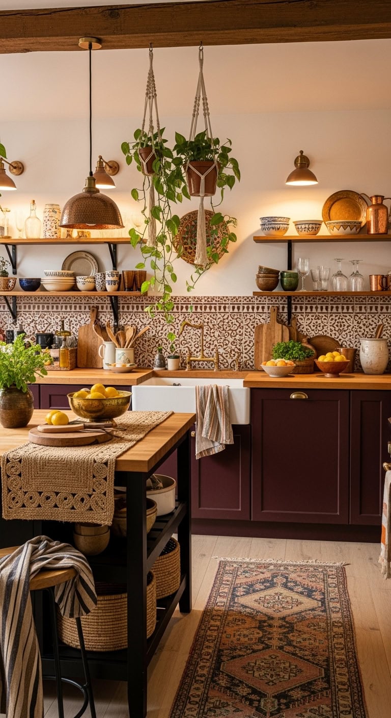 eclectic burgundy bohemian kitchen