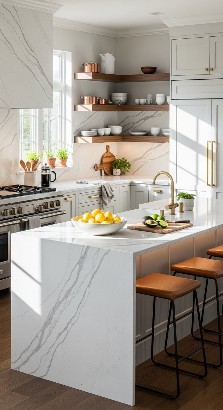 lavish dramatic elegant waterfall island feature