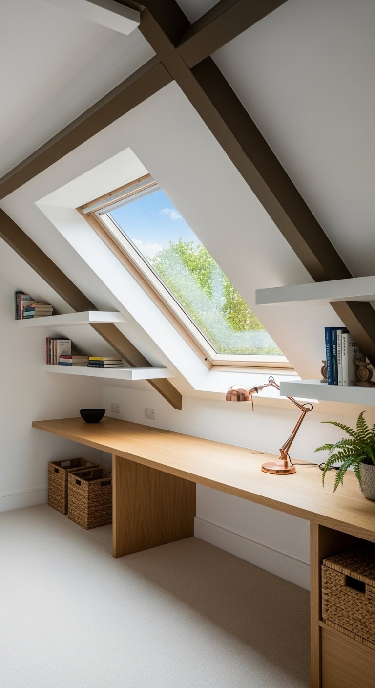 cozy slanted ceiling skylight workspace
