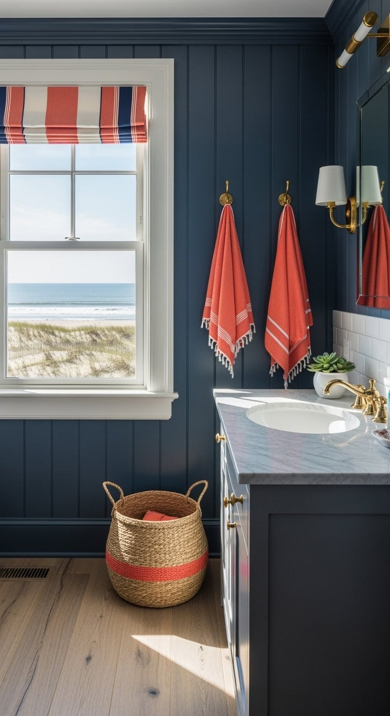 navy walls with coral accents