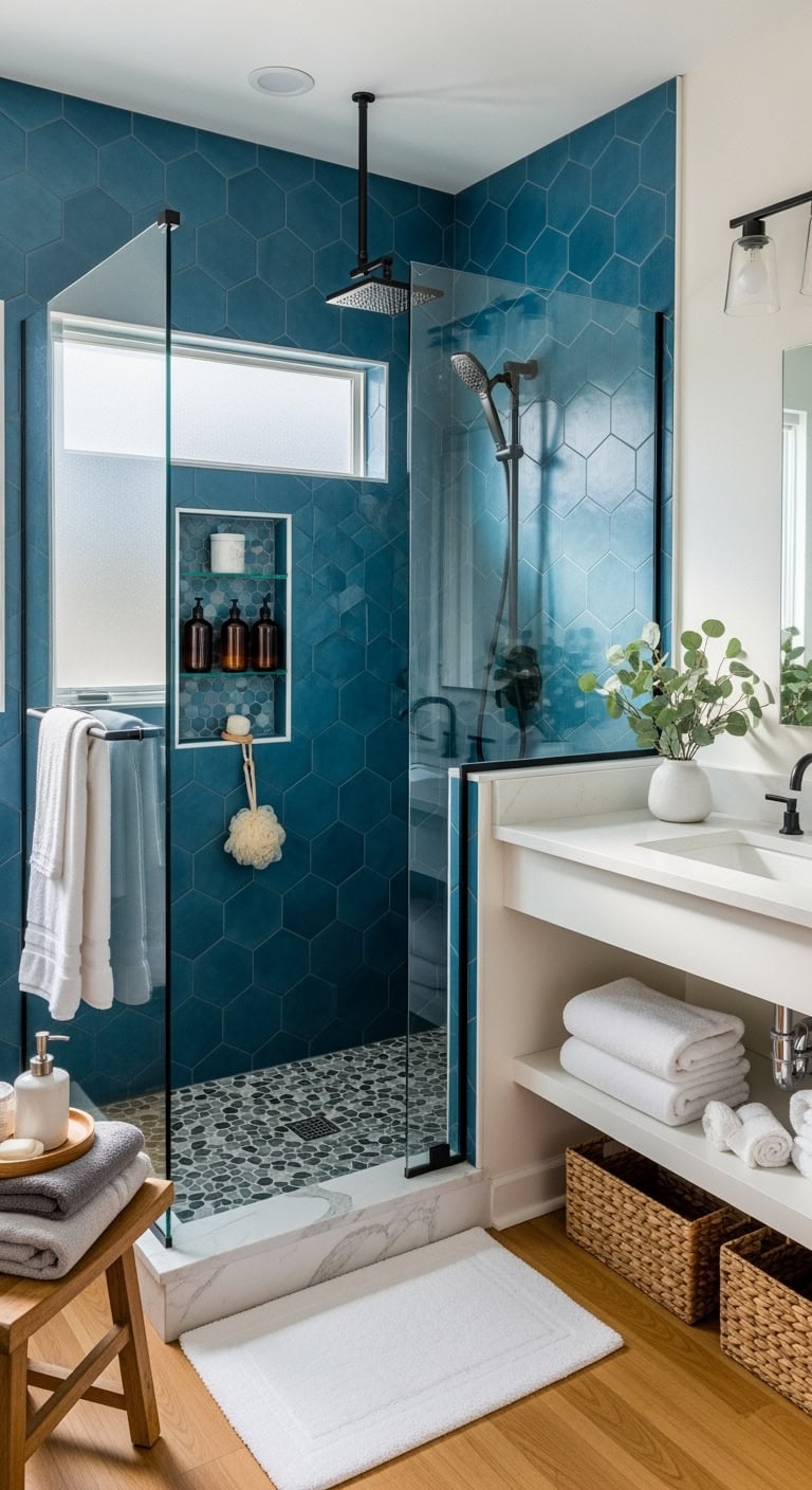 spa like geometric cerulean hexagon shower