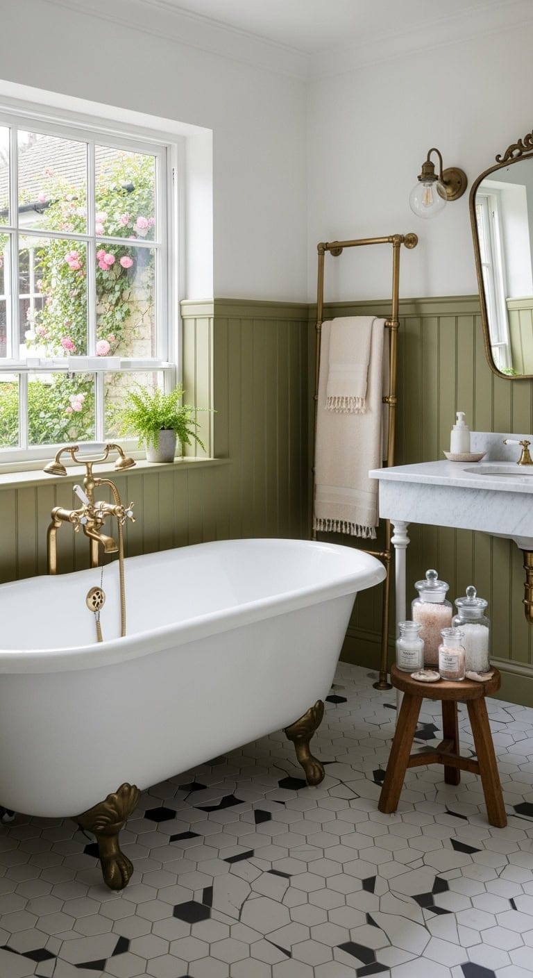 olive wainscoting with brass