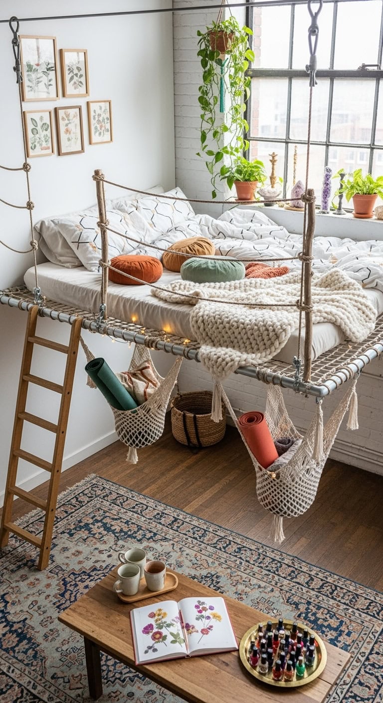 suspended elevated cocooned whimsical bedroom
