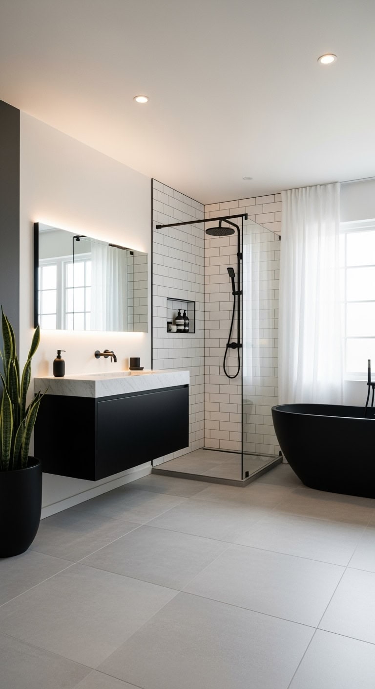 minimalist monochromatic calming balanced bathroom