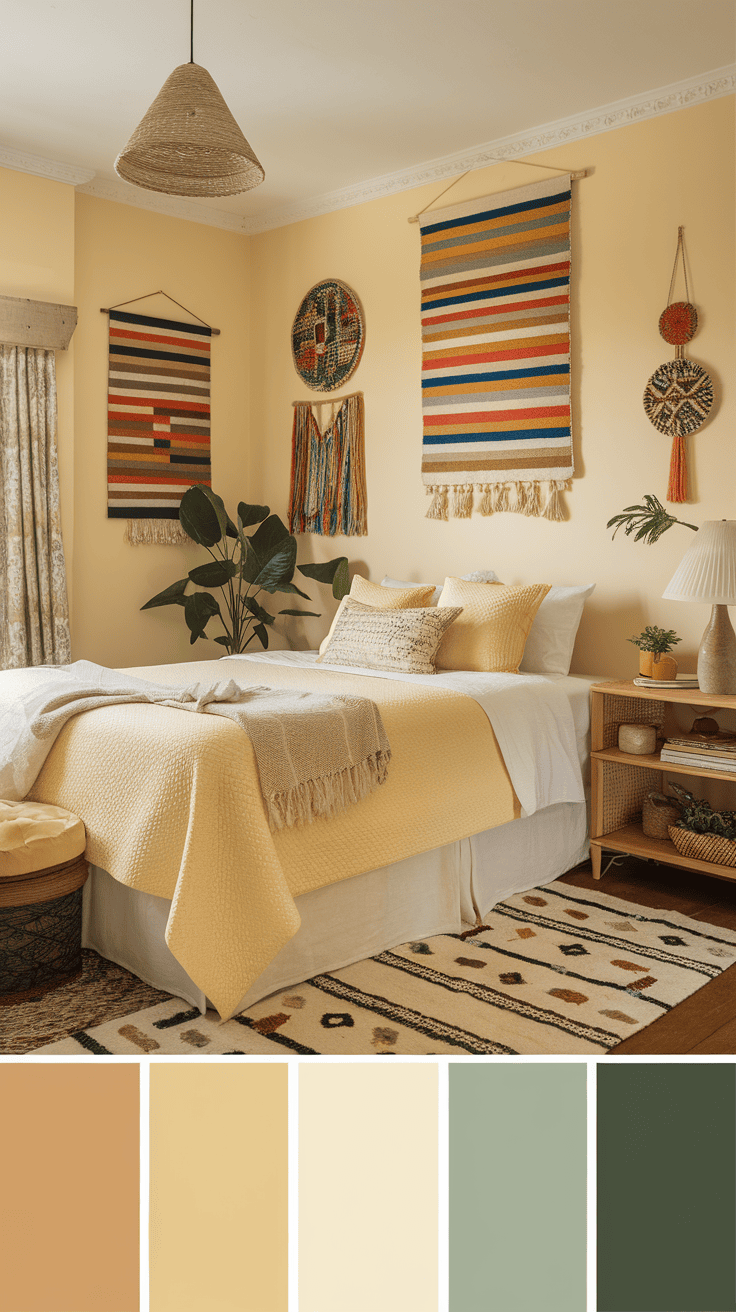 A cozy bedroom featuring colorful wall art, a soft yellow blanket, and a touch of greenery.