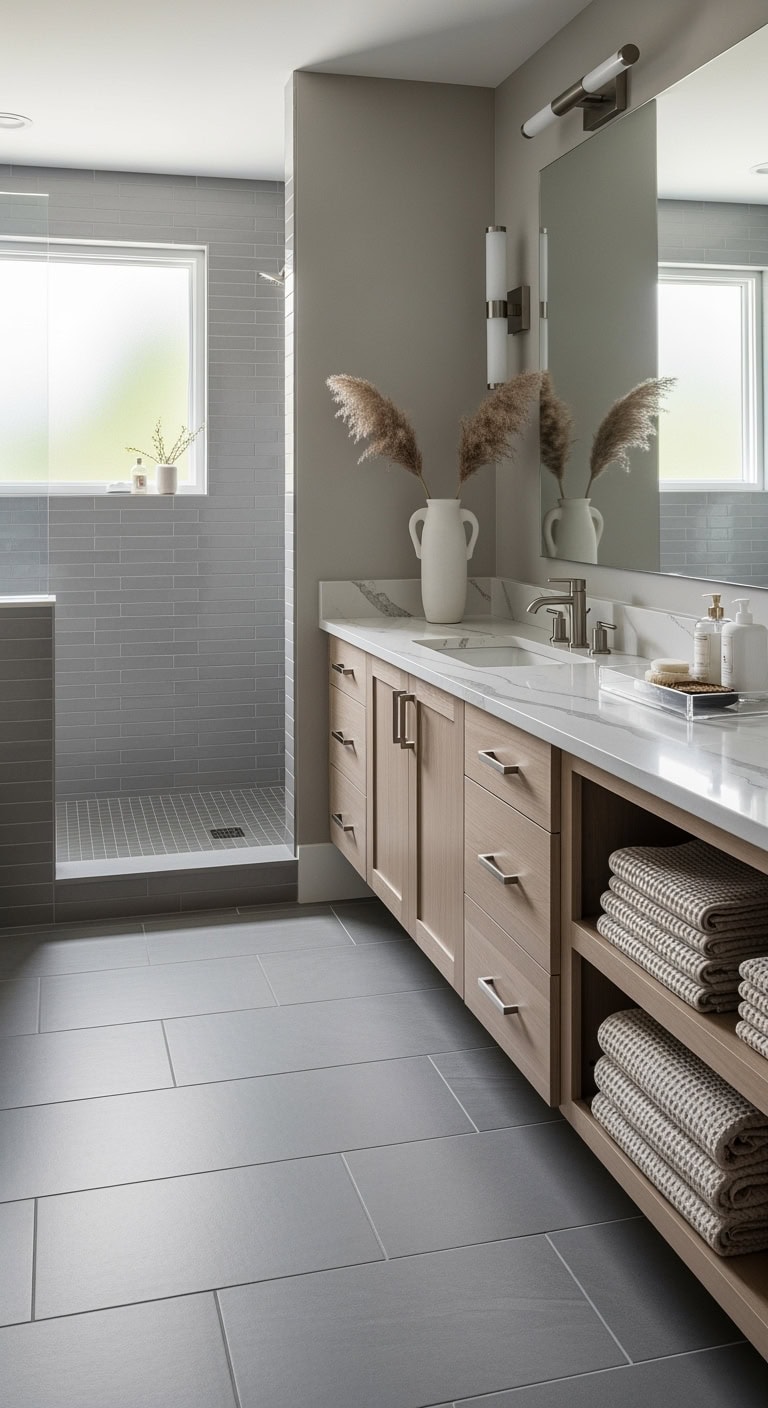 sleek grey tiles beige accents