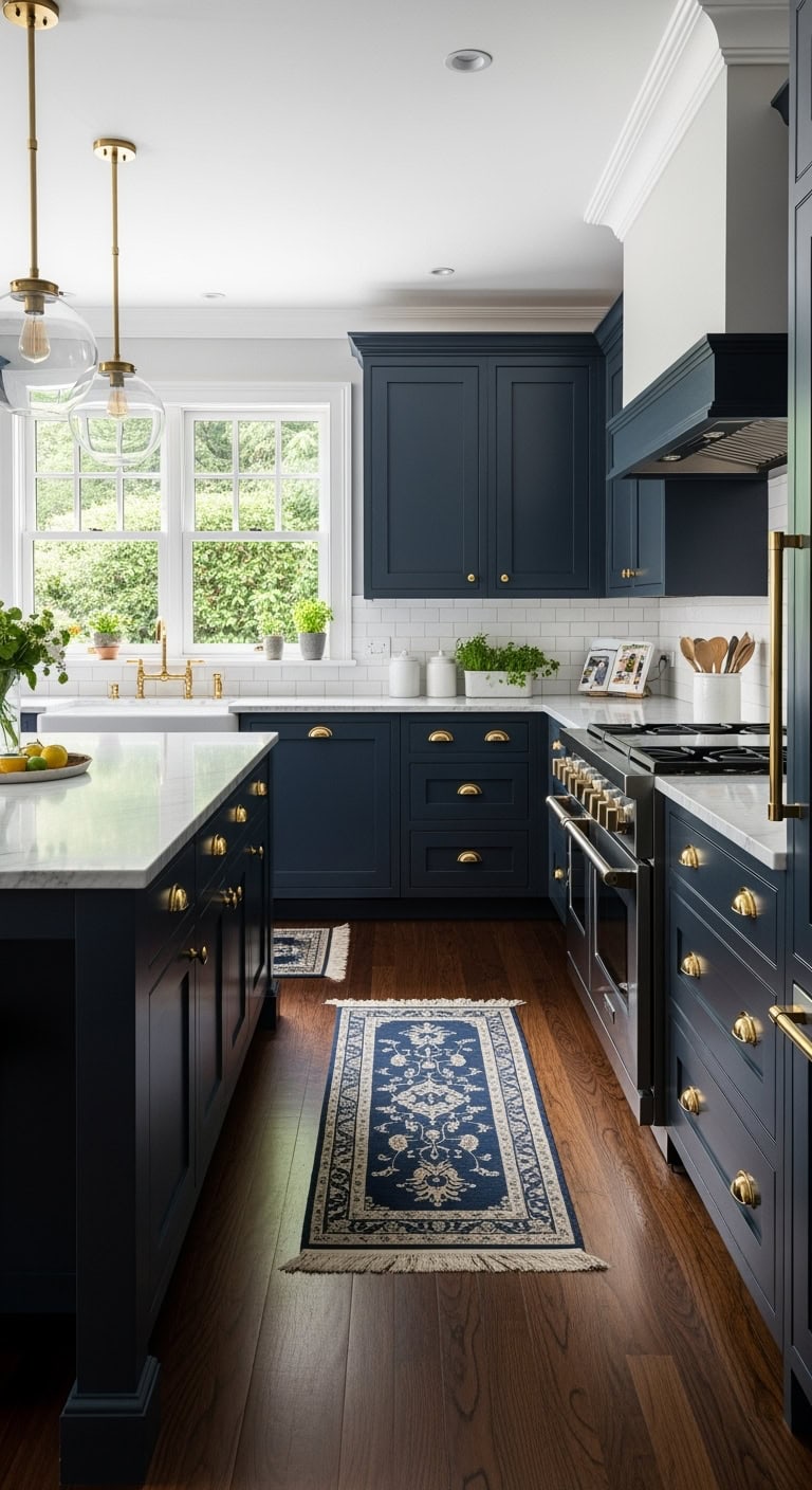 midnight navy cabinets with brass