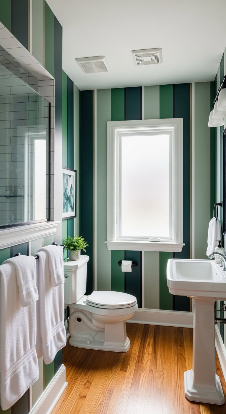 dramatic sophisticated green striped bathroom walls